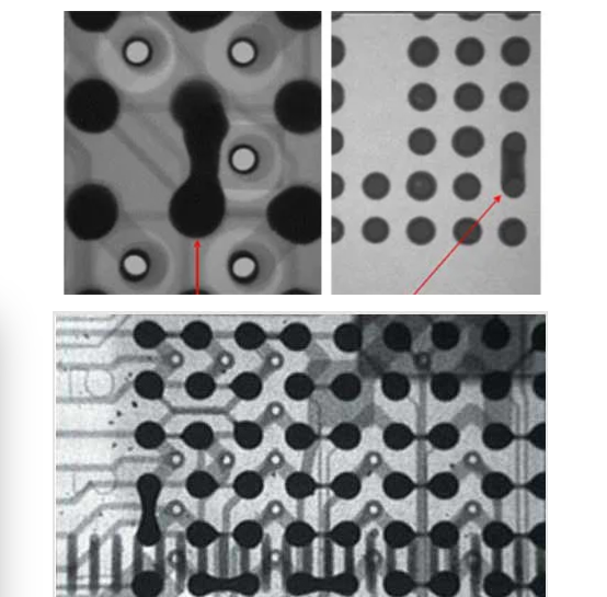 X-ray image of PCB showing solder voids and internal defects