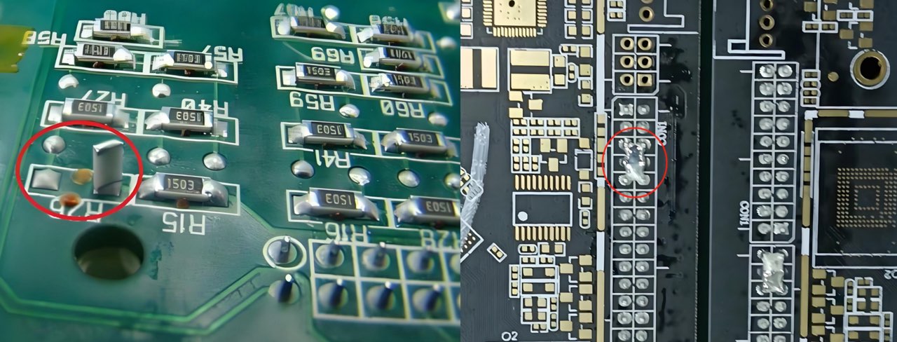 Examples of common SMT assembly defects including tombstoning and solder bridges