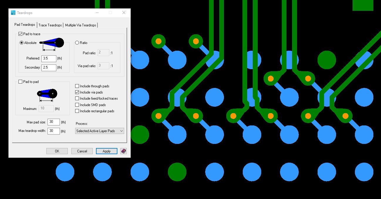 Flexible PCB design rules showing curved traces and teardrop vias