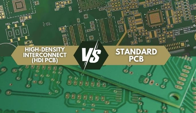Comparison of traditional PCB vs HDI PCB showing size and density differences