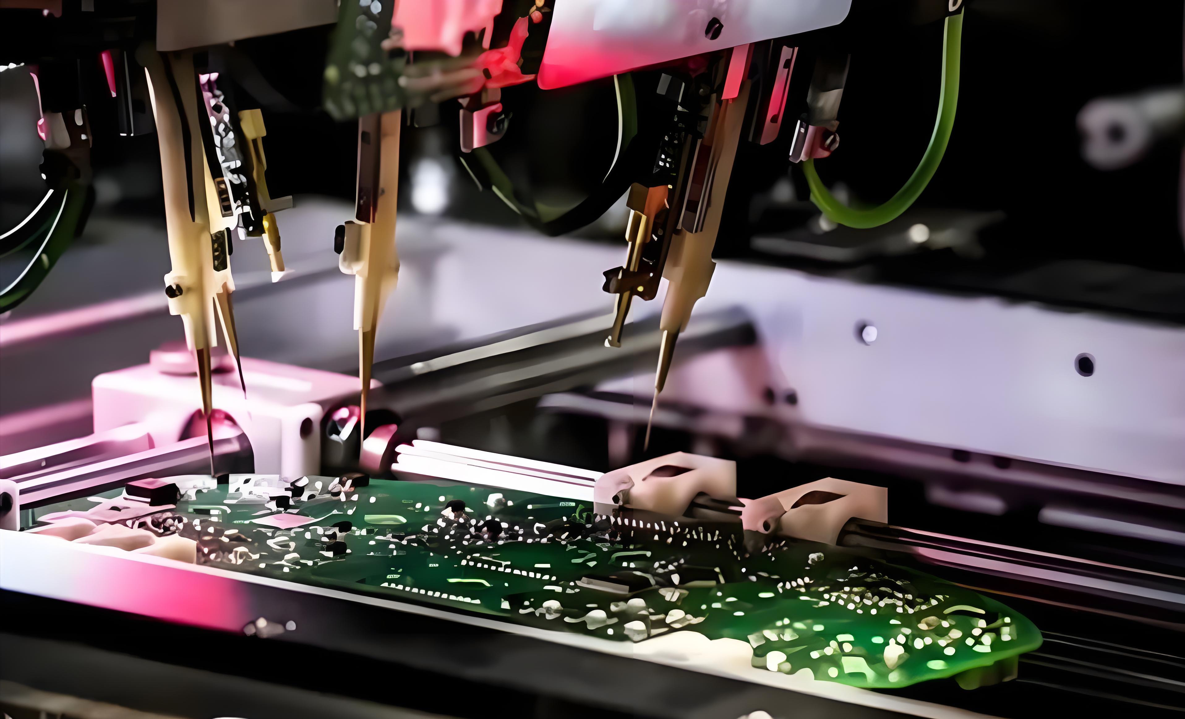 PCB undergoing In-Circuit Testing with probes on test points