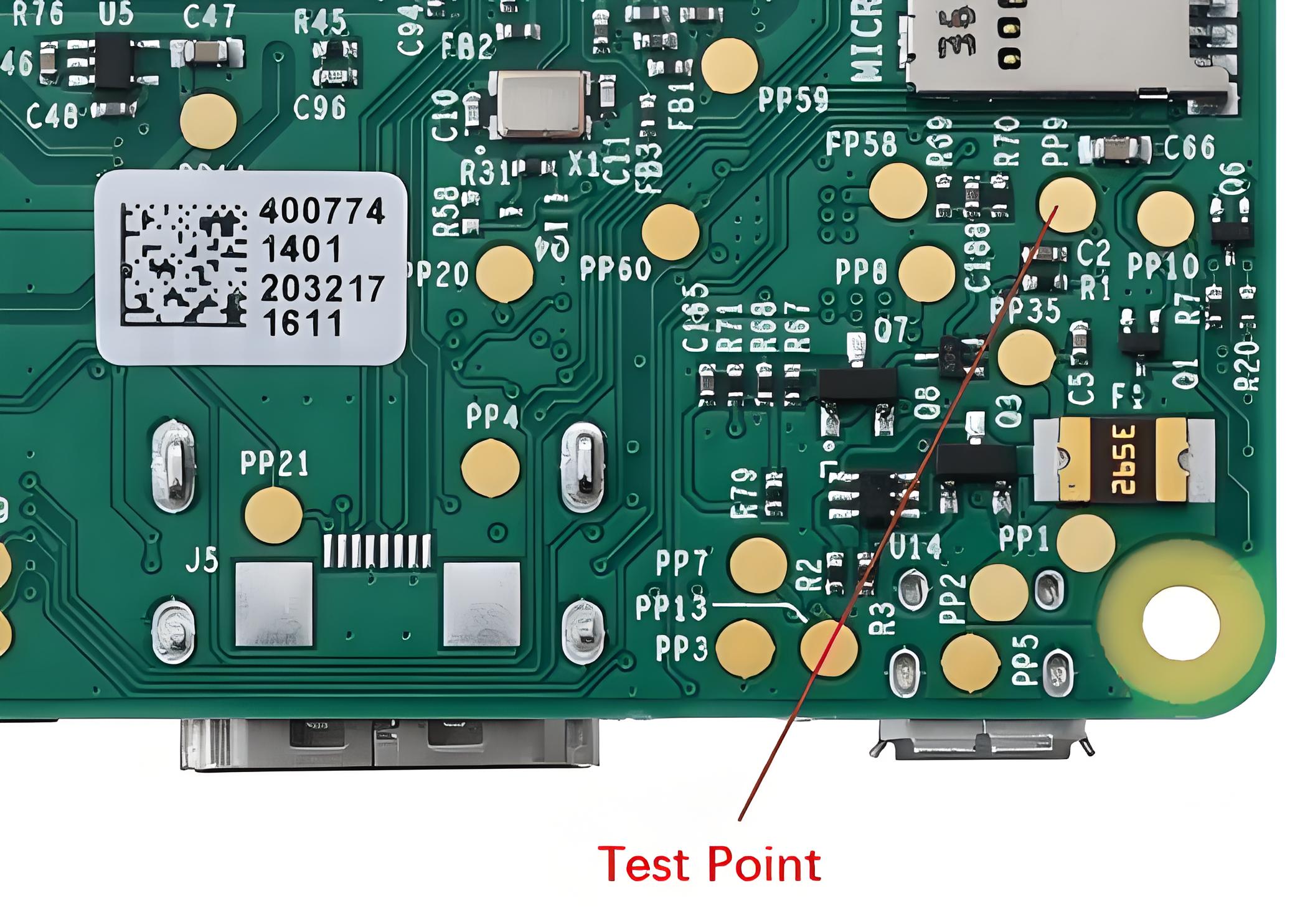 Close-up of PCB test points with optimal spacing for ICT