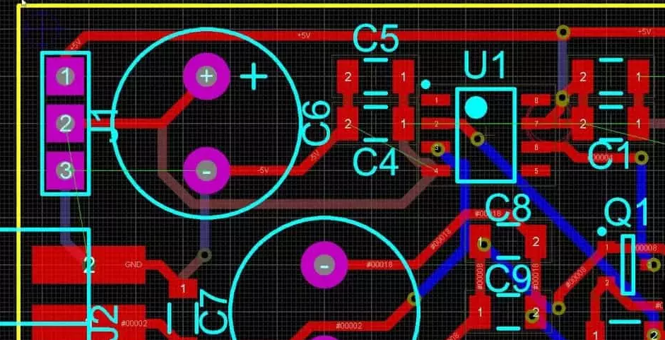 Example of a rigid PCB layout with components and traces