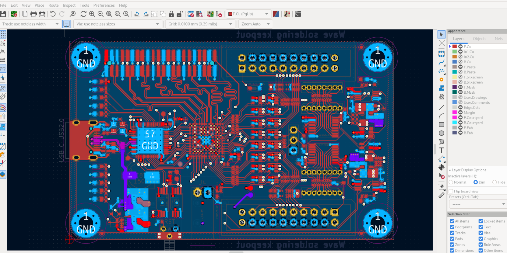 KiCad Pcbnew editor showing rigid PCB layout