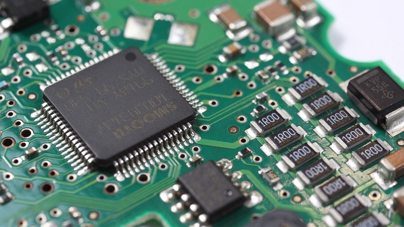 Close-up of a PCB showing copper traces and electronic components for manufacturing