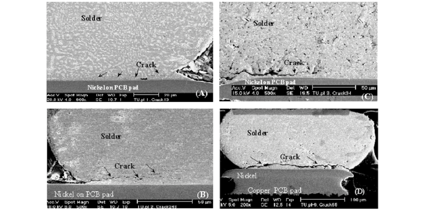 SEM inspection of joints revealing microscopic details of a PCB solder connection