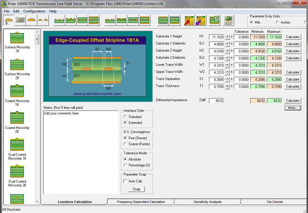PCB stackup software interface showing impedance calculation and material selection