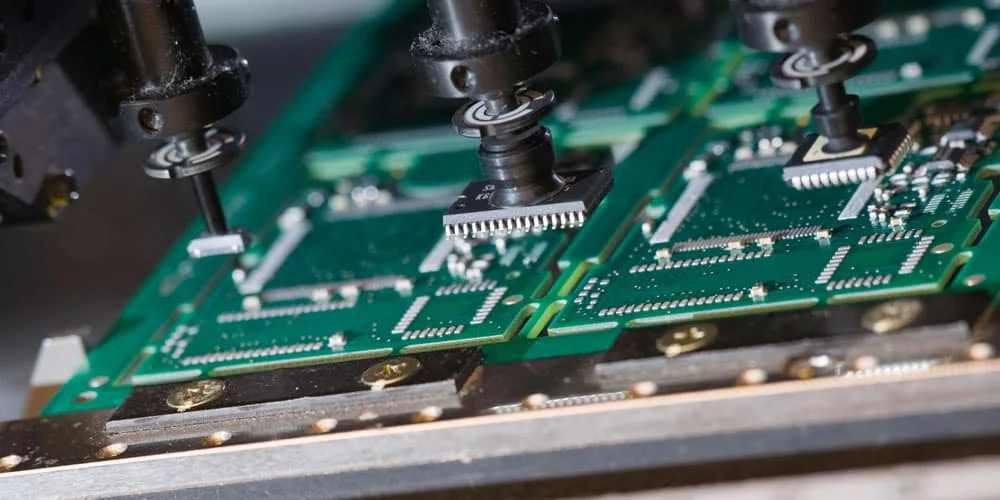 Close-up of SMT clip on a high-density PCB for surface mount technology