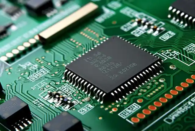 Close-up of SMT-assembled PCB with surface mount components