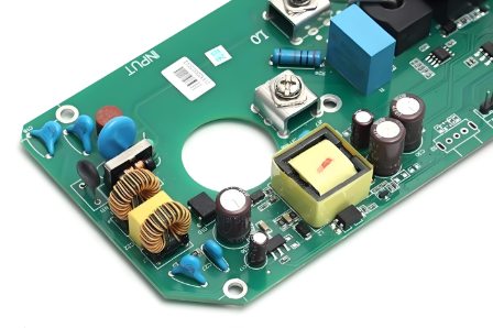 Through-hole components soldered on a PCB for electronics projects.