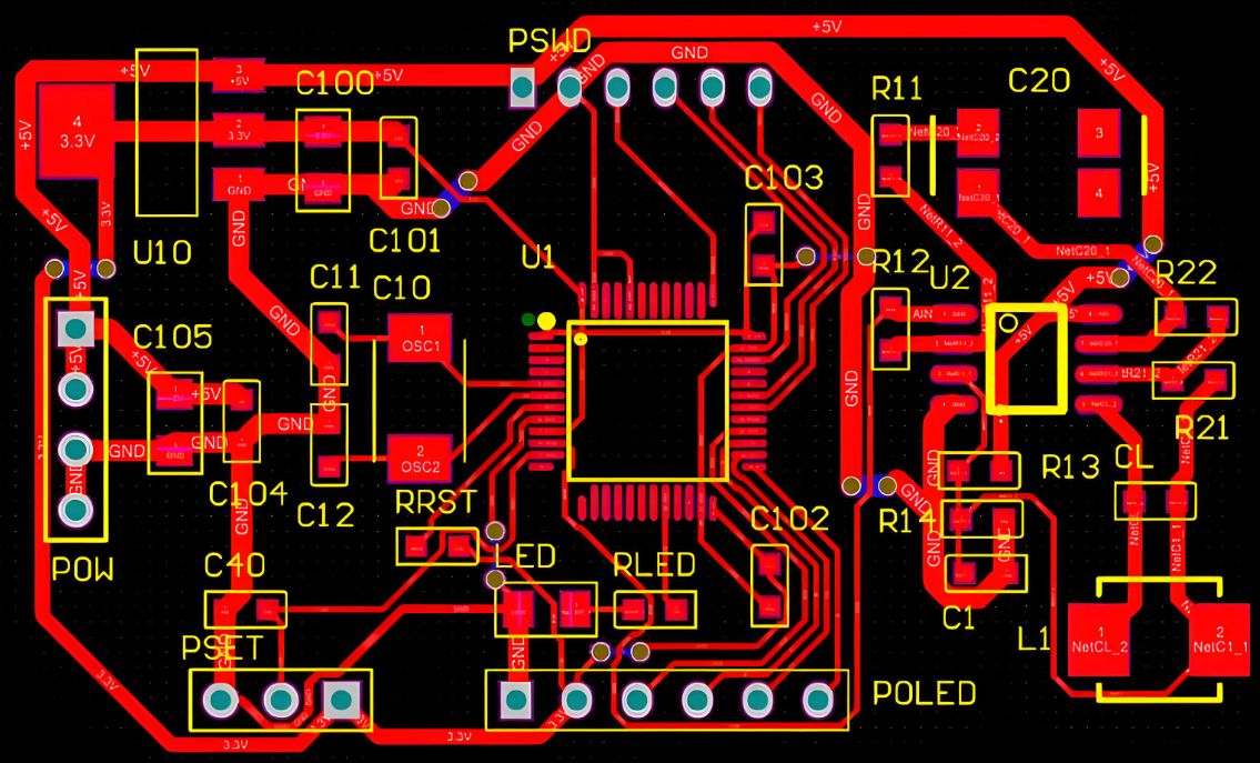 Through-hole PCB design software interface for beginners.