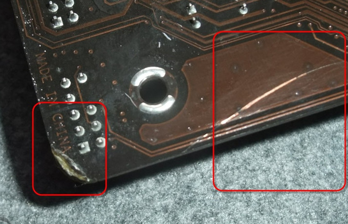 Close-up of microcracks on a PCB affecting manufacturing yield.