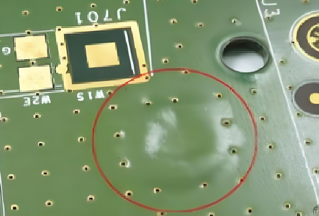 Cross-section of PCB showing bubbles impacting manufacturing yield.