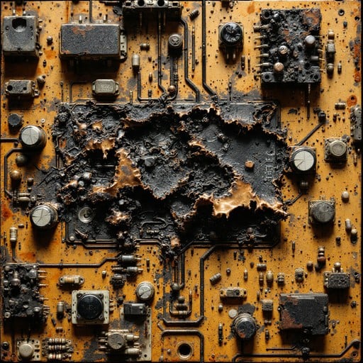 Damaged security camera PCB with corrosion and burnt components