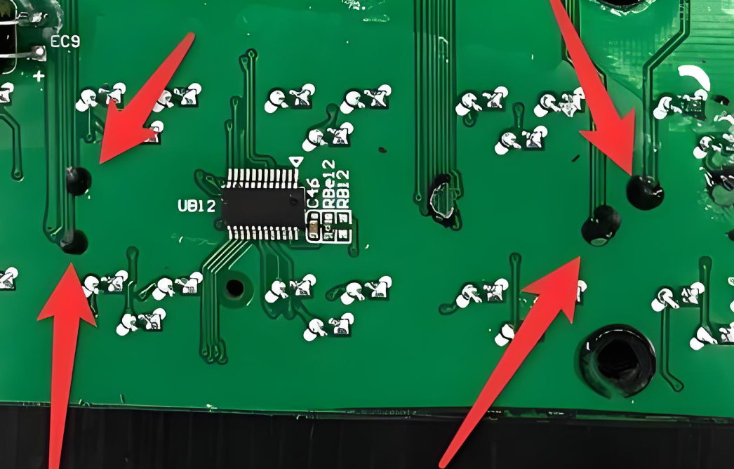 Fiberglass weave in PCB showing wet weaving defect.