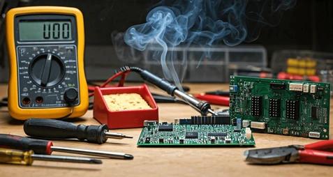 Technician’s workbench with tools for security camera PCB repair