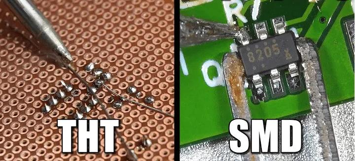 Close-up of through-hole vs. surface mount solder joint durability