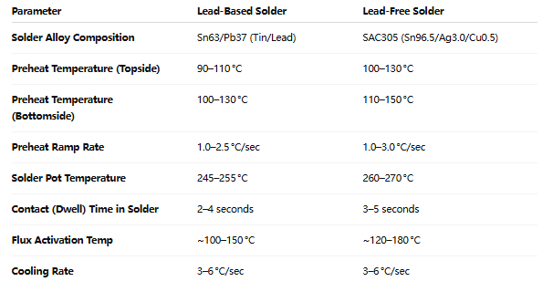 Comparison chart of wave soldering temperature ranges for lead-based and lead-free solder.