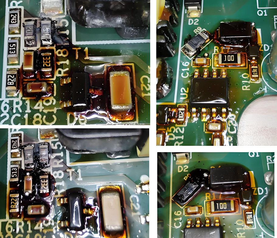 Damaged PCB with cracked traces and burnt components.