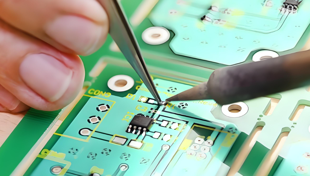 Soldering an SMD component onto a PCB with precision.