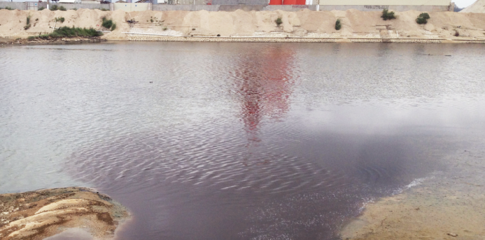 Polluted water body showing PCB contamination from improper disposal.