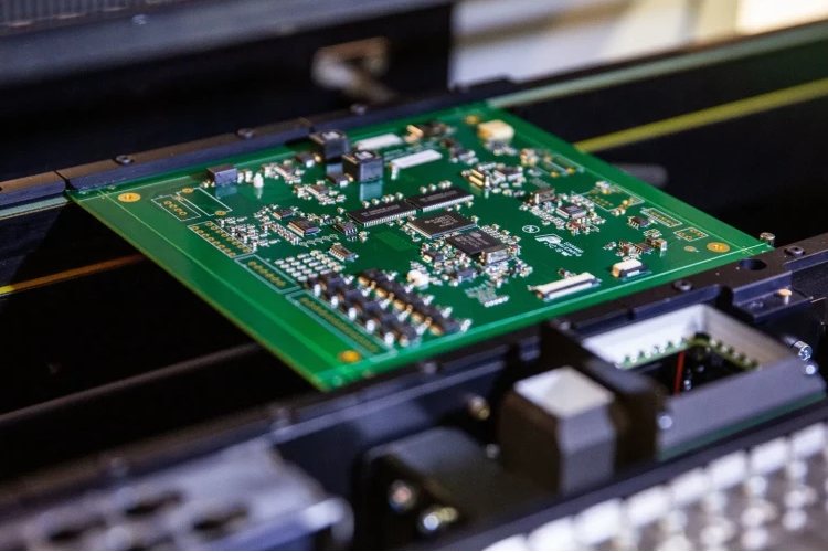 Close-up of a PCB for prosthetic devices with advanced electronic components