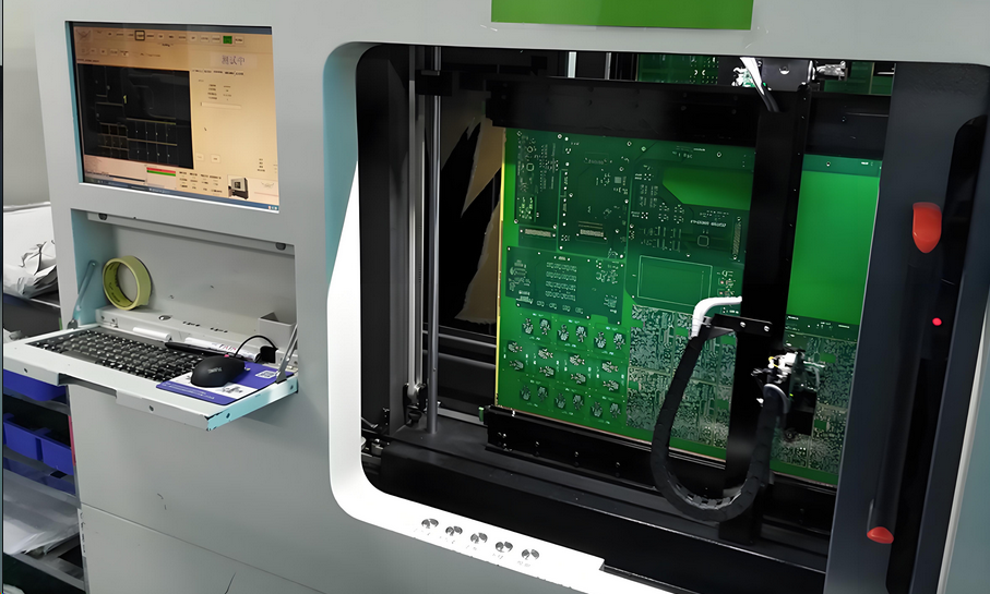 Flying probe testing machine inspecting a PCB for electrical faults.