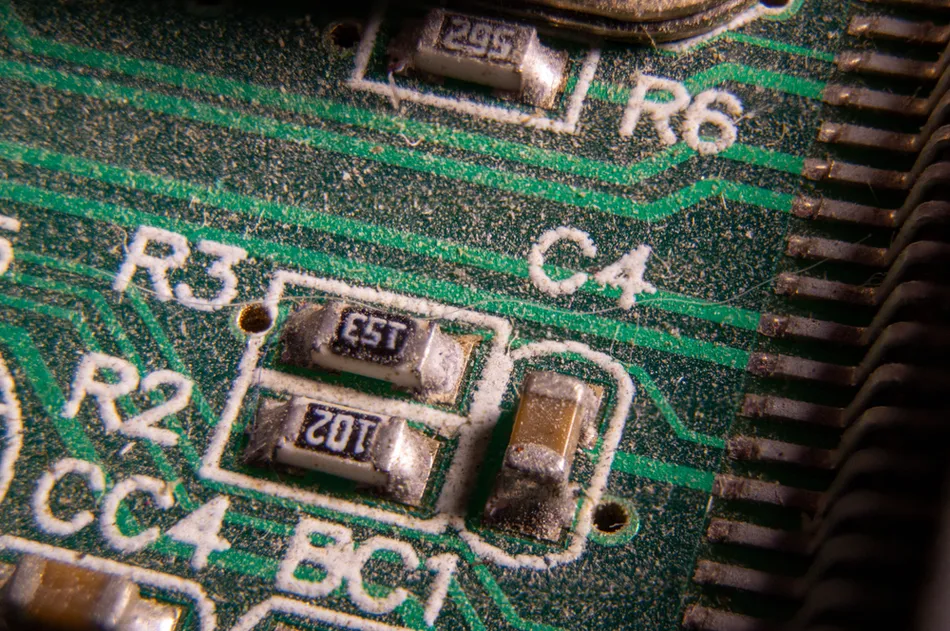 Close-up of a PCB with flux residue and dust before cleaning.