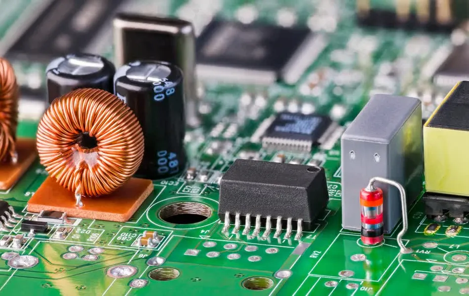 Completed rigid PCB with soldered components for electronic assembly