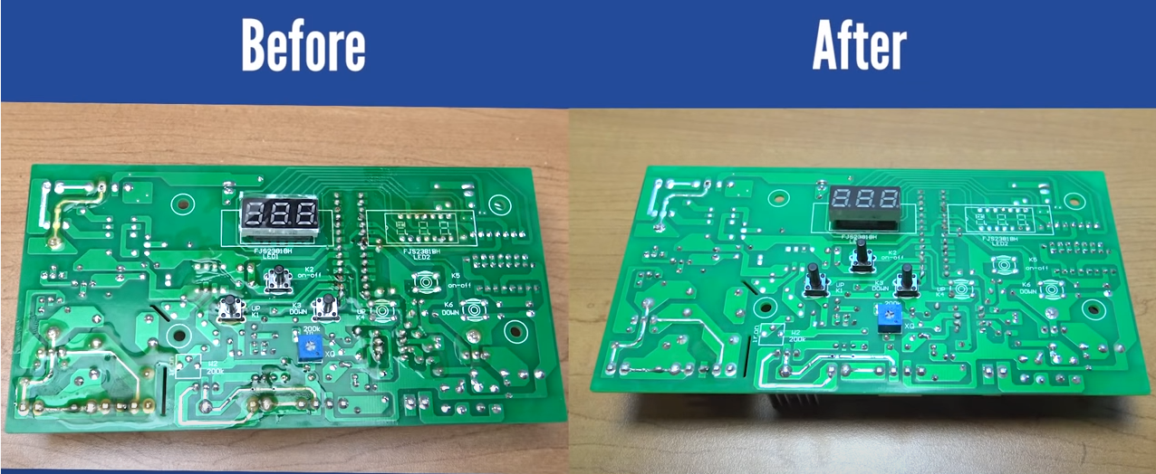 Comparison of clean and contaminated assembled PCB showing residue impact."