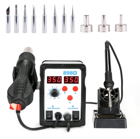 Soldering tools for mixed technology PCB assembly including soldering iron and hot air station."