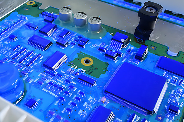 Cross-section of a potted PCB showing protective resin layer