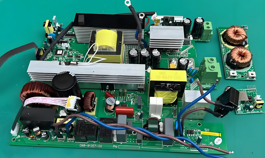 Example of a PCB layout for power electronics with visible components and traces.