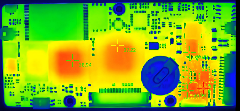 Thermal imaging of a power electronics PCB showing heat distribution.