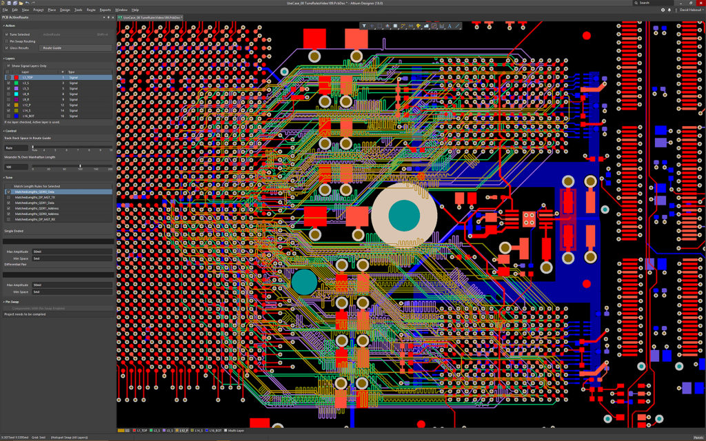 PCB design software interface displaying multilayer PCB layout.