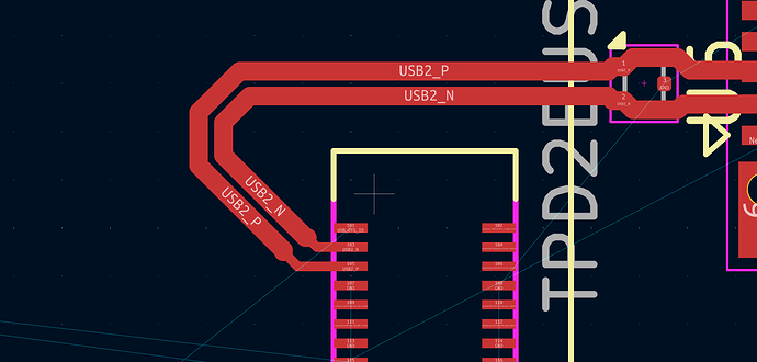 Close-up of PCB routing techniques with differential pair traces.