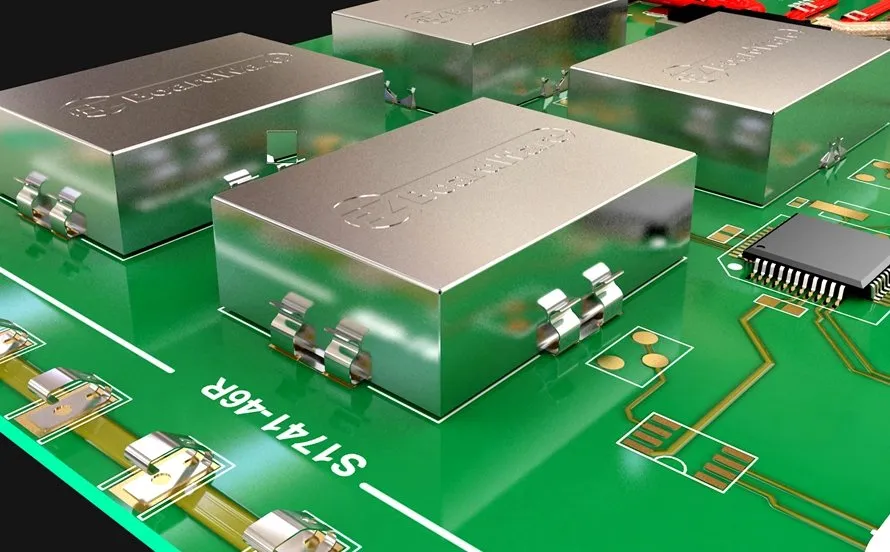 PCB layout with shielding for EMI reduction around sensitive components.