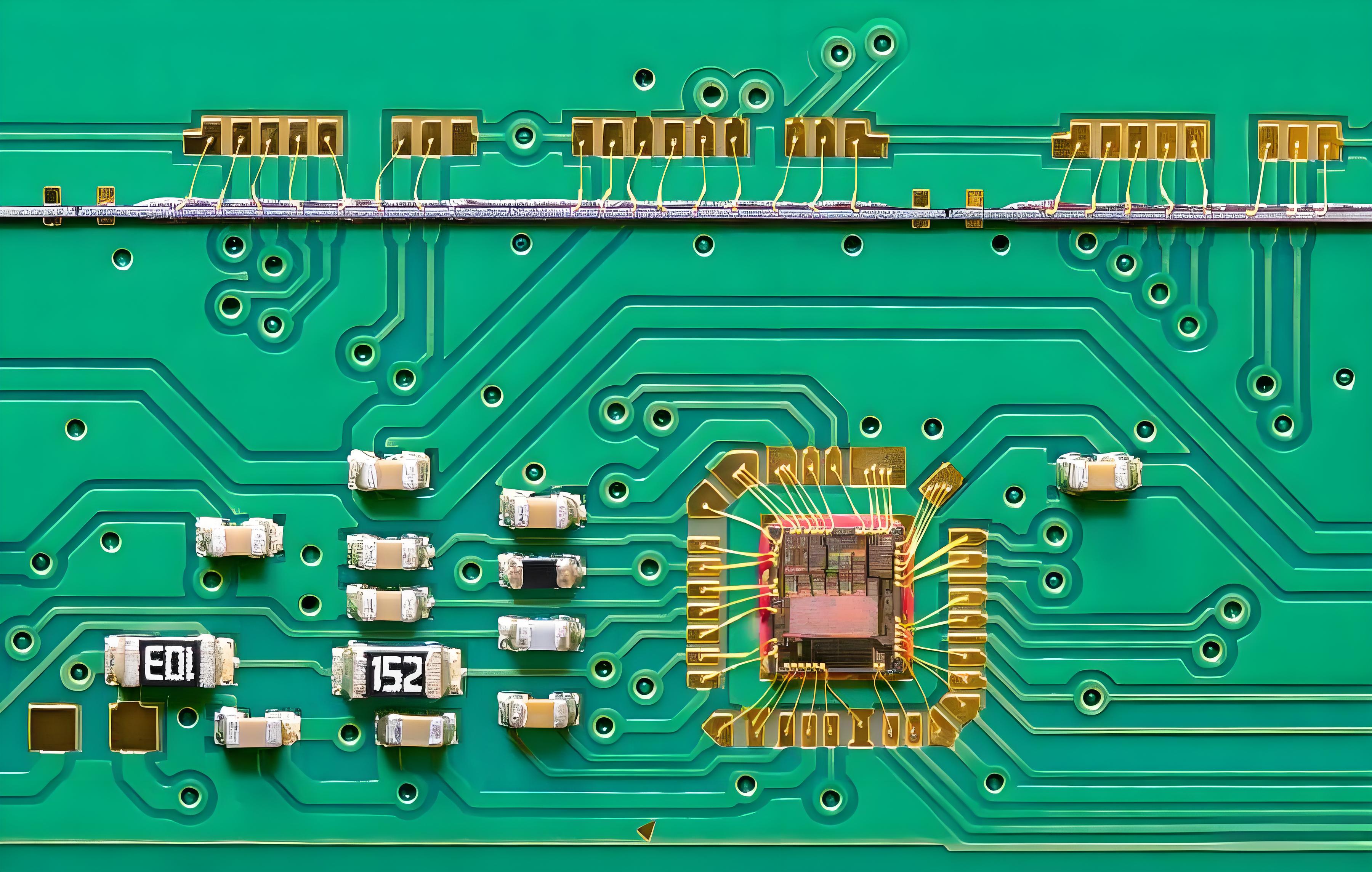 PCB layout with decoupling capacitors for noise minimization near ICs.
