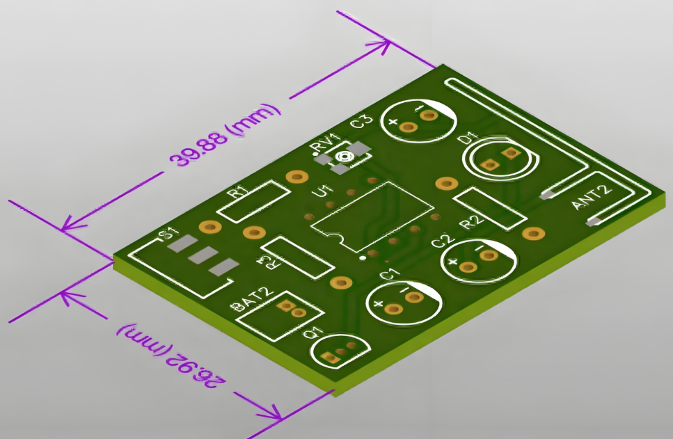 Finished custom-sized PCB showcasing unique dimensions