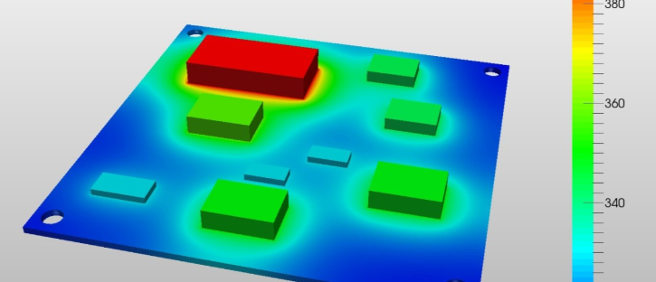 Thermal imaging of a PCB showing heat distribution and hot spots."