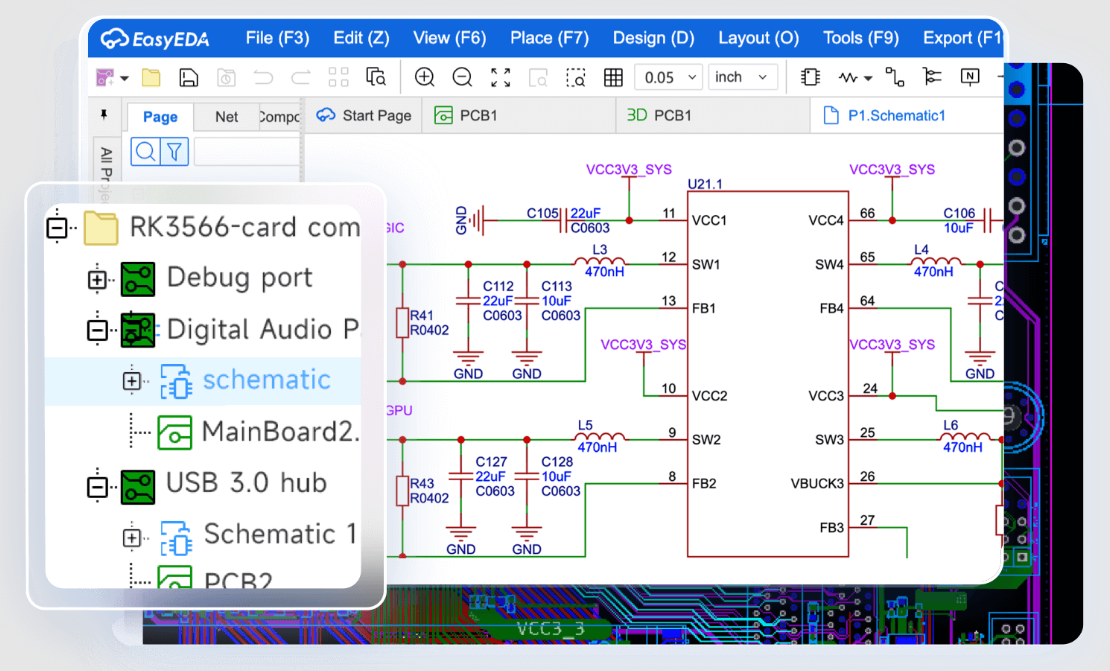 Designer working on a multi-layer PCB layout using online design software.