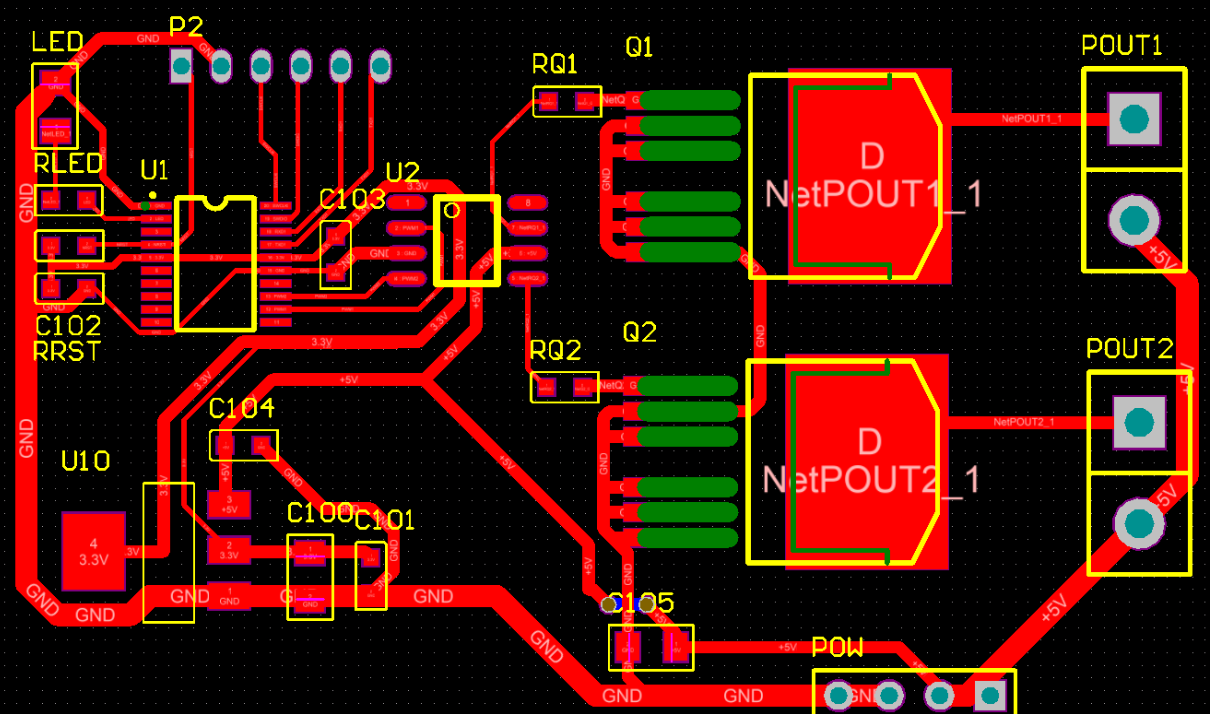PCB layout design for automotive microcontroller with power and ground planes.