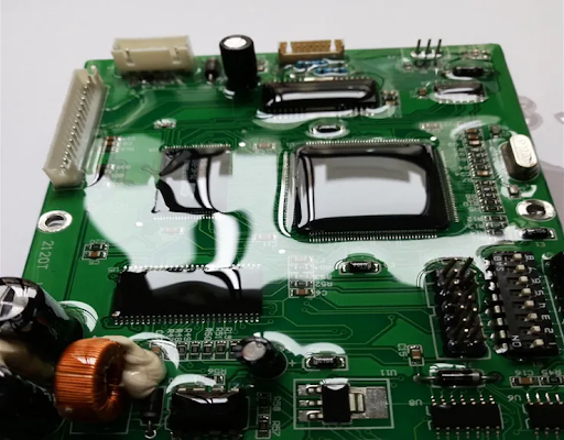 Power PCB with safety features like clearance distances and conformal coating.