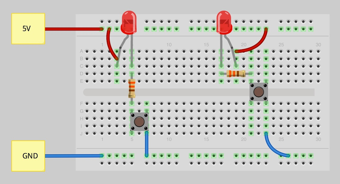 Standard breadboard layout for PCB prototyping with labeled power rails and terminal strips.