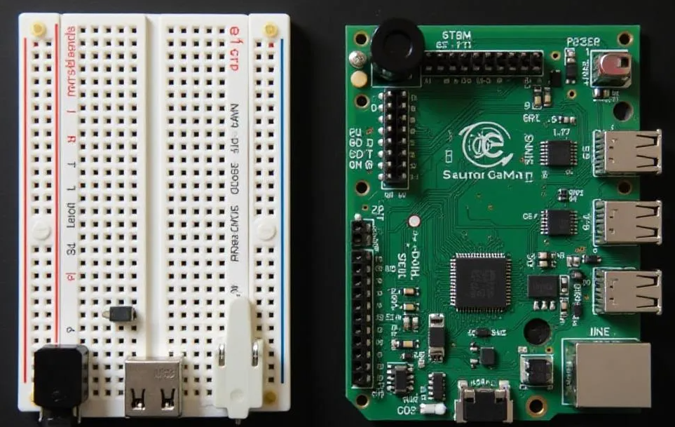 Comparison of breadboard PCB prototype and finished custom PCB design.