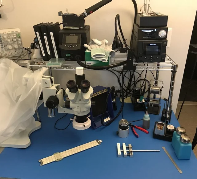 DIY workbench with OSP PCB and soldering tools for electronics assembly