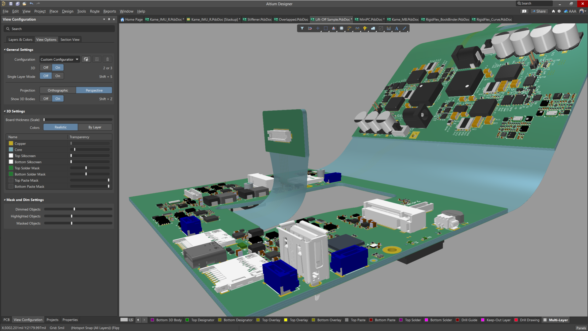 Flexible PCB layout in design software with 3D bending simulation.
