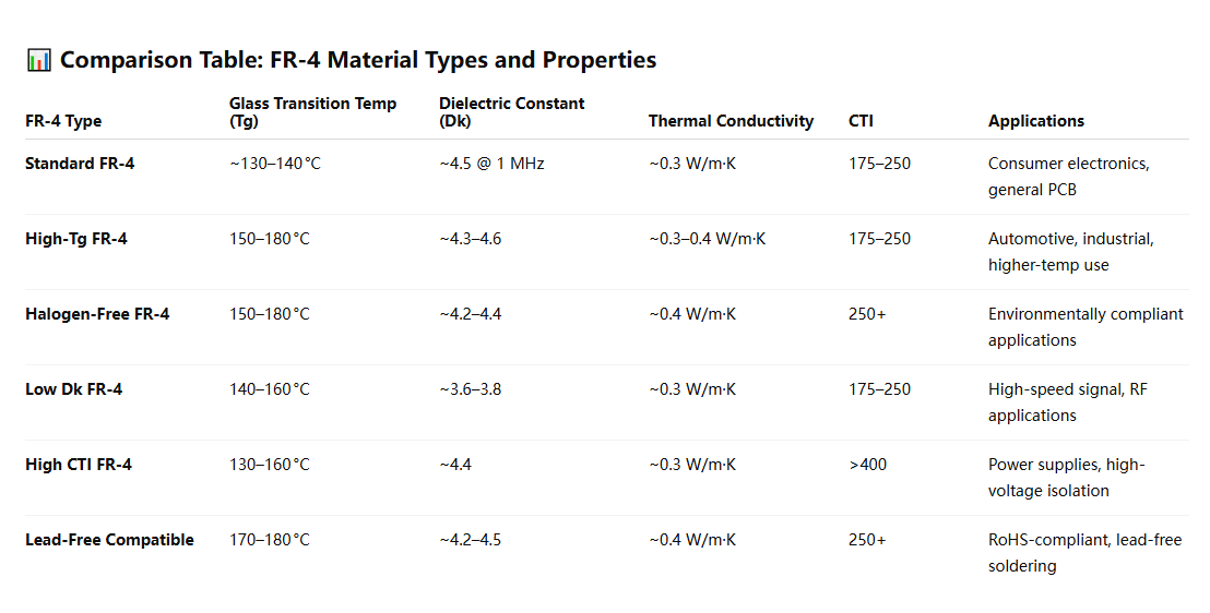 Comparison chart of FR-4 material variants for PCB manufacturing