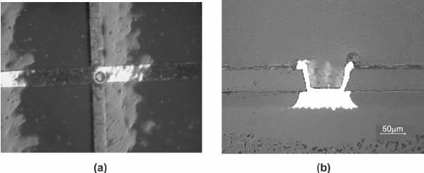 FR-4 PCB via plating defect under magnification