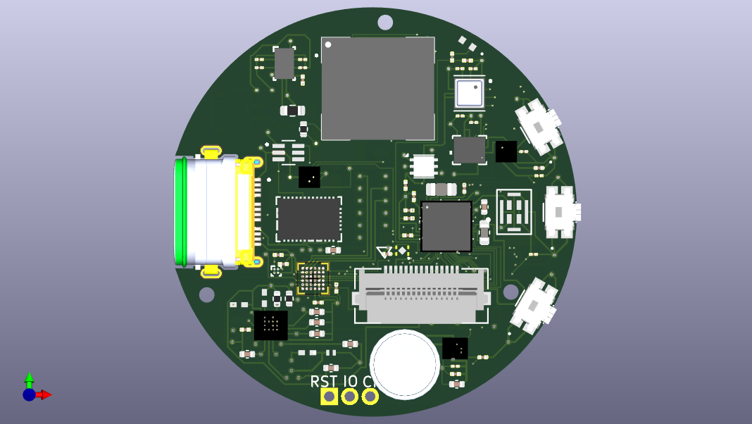 Circular non-rectangular PCB design for a smartwatch.
